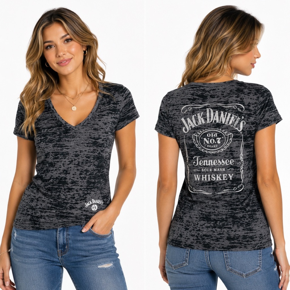 Jack Daniels Whiskey Women’s V Neck Sleeve T-shirt Grey & Black Sz XL